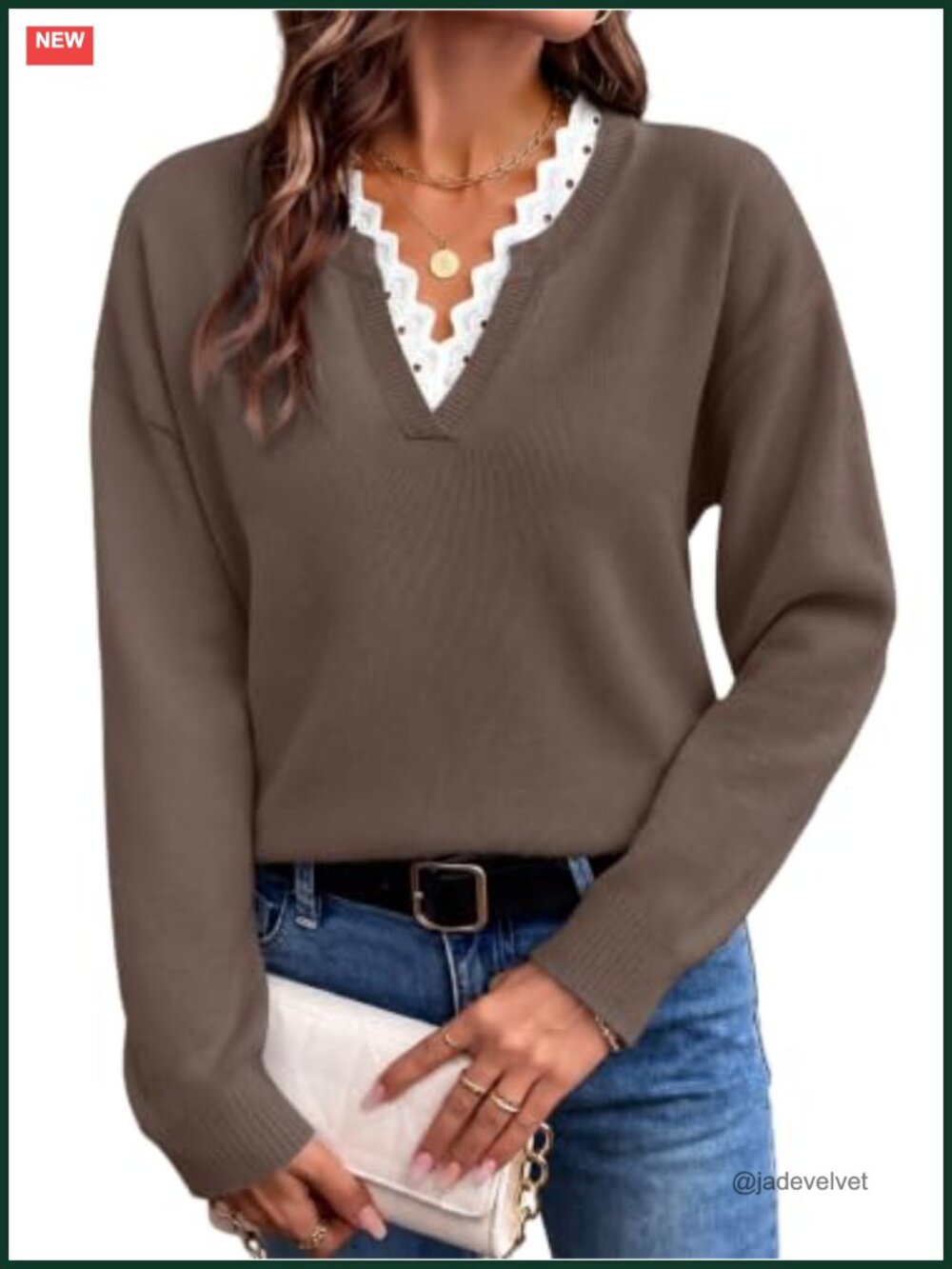 Womens V Neck Lace Trim Knit Pullover Sweater Lightweight Long Sleeve